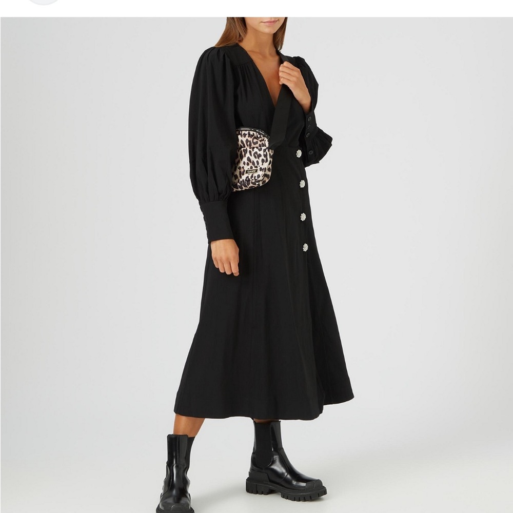 Ganni Melange Midi V-neck Black Crystal Embellished Wrap Dress